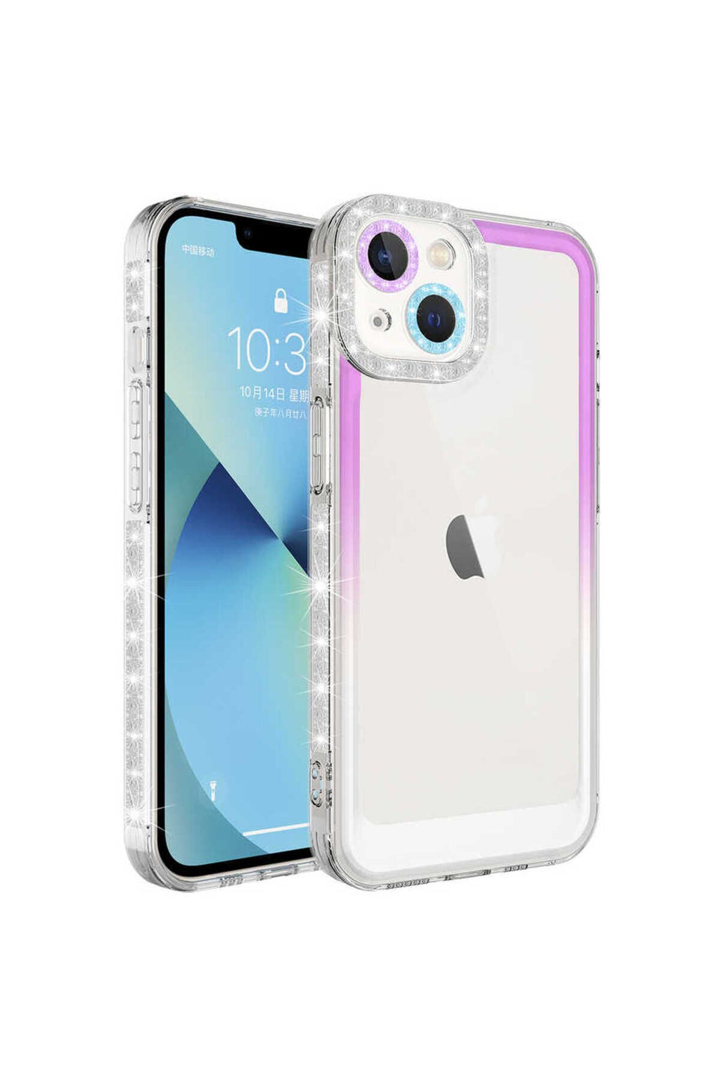 iPhone 14 Uyumlu Simli ve Renk Geçiş Tasarımlı LZore Korumalı Zore Park Kılıf-Mor-Beyaz